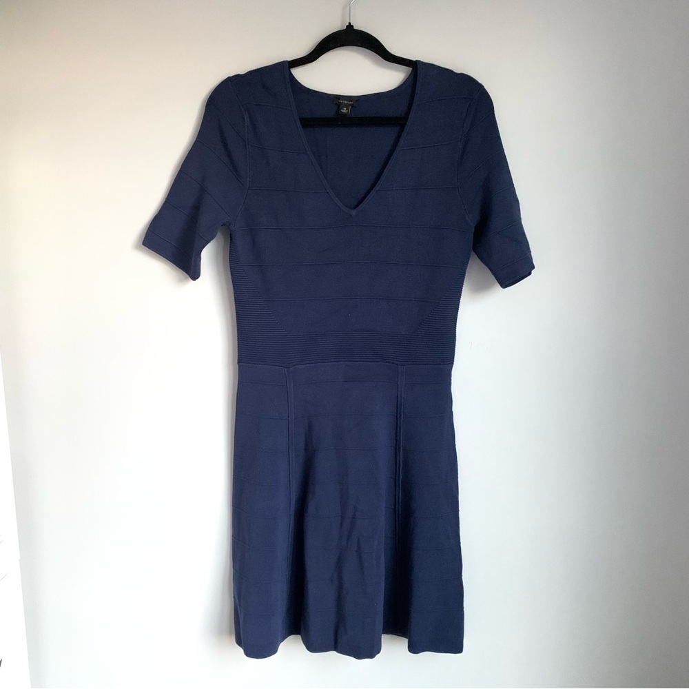 Ann Taylor Short Sleeve Navy Sweater Midi Dress